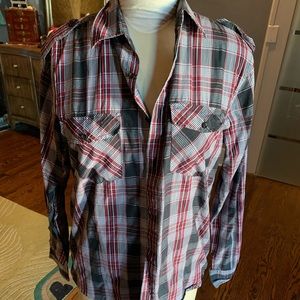 Black, white, red plaid button down shirt